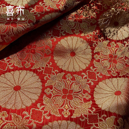 Lotus Brocade Fabric: 29.5"W Red & Gold Rayon Upholstery