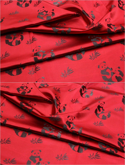 Tissu satiné brodé Panda : tissu de couture chinois à motifs de feuilles de bambou (largeur 45")