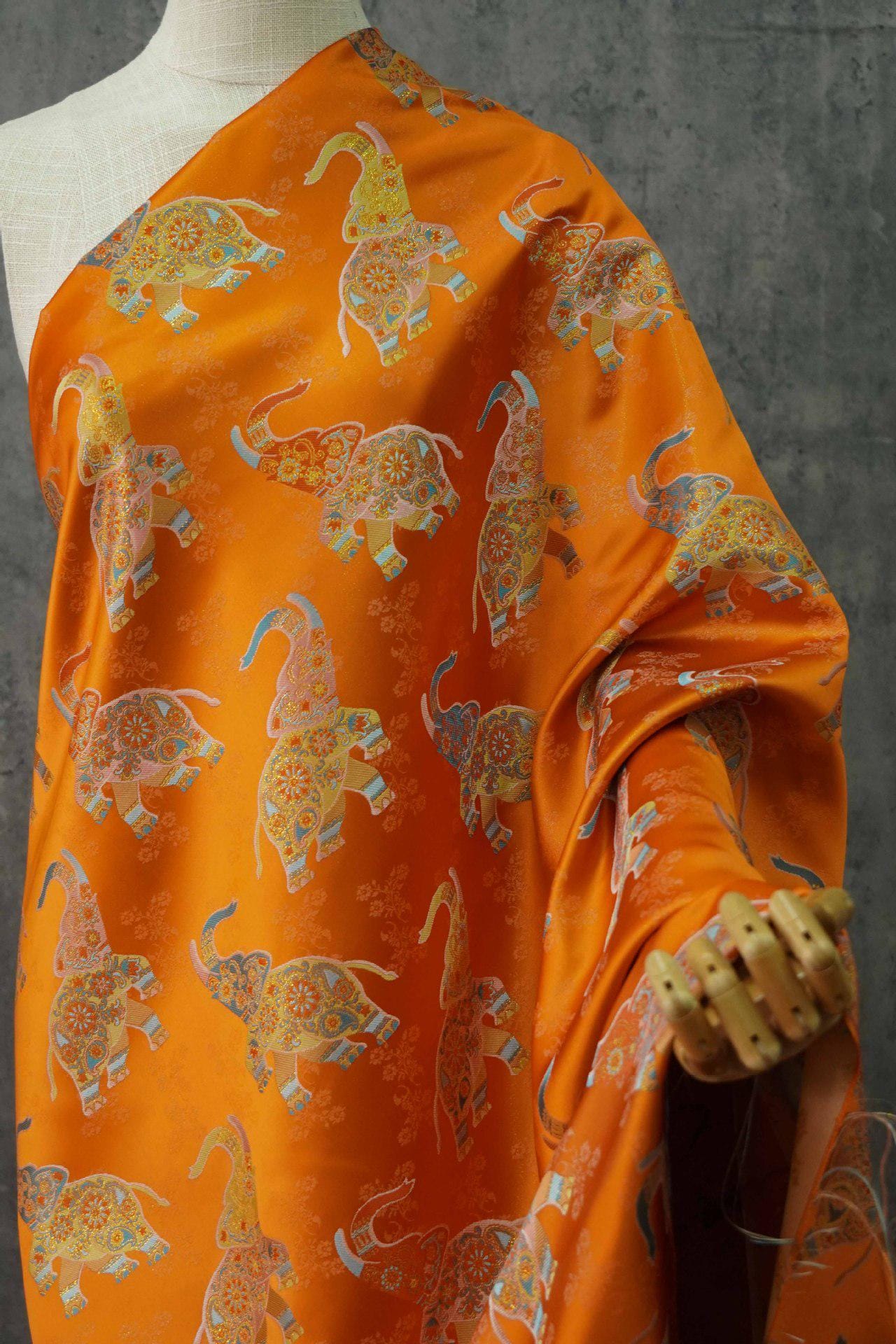 Elephant Brocade Fabric: 55" Ethnic Tibetan Damask, Costume Upholstery
