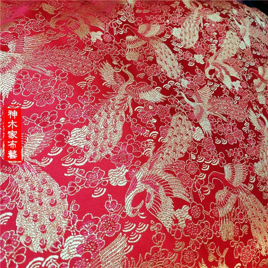 Red & Gold Phoenix Brocade Fabric: 59"W Jacquard Satin