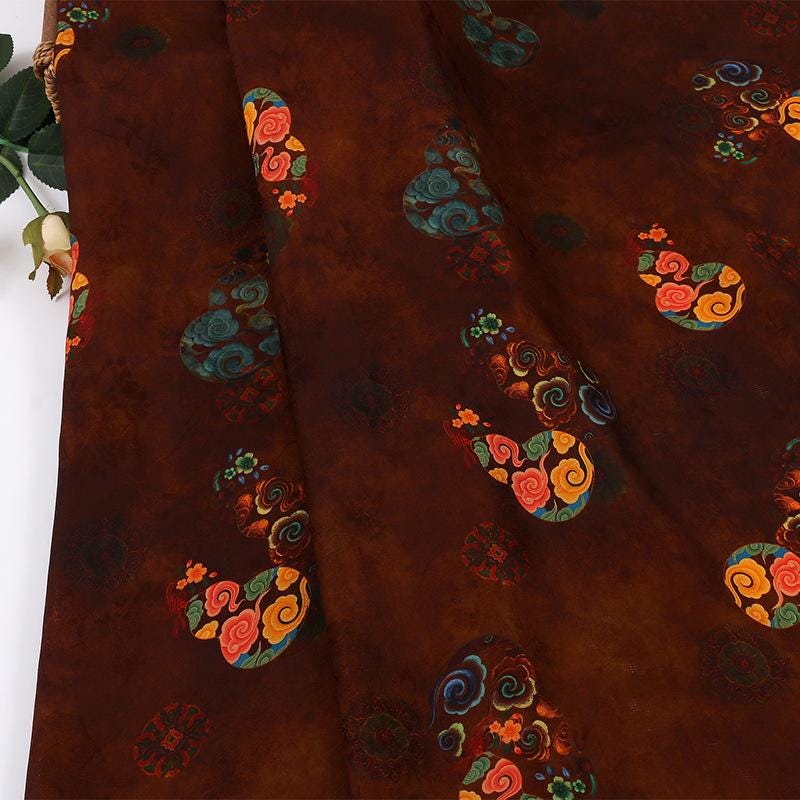 Brown Silk Fabric: Gourd Xiangyun Print, Cheongsam Dressmaking, 59" Wide