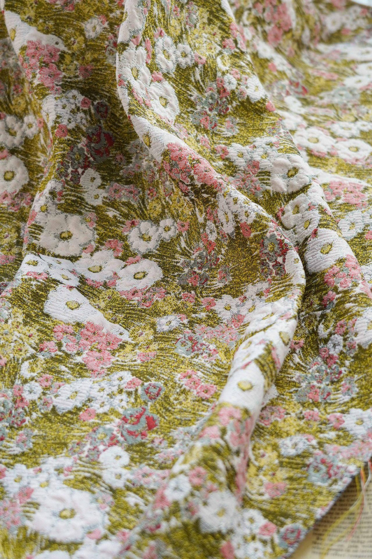 Reversible Floral Jacquard Fabric: 3D Embossed Green Woven Upholstery, 59" Wide