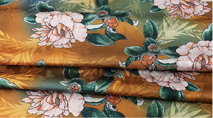 Peony Tea Satin Silk Fabric: 59"W Digital Print Sewing Material