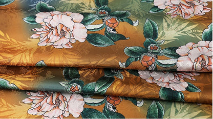 Peony Tea Satin Silk Fabric: 59"W Digital Print Sewing Material