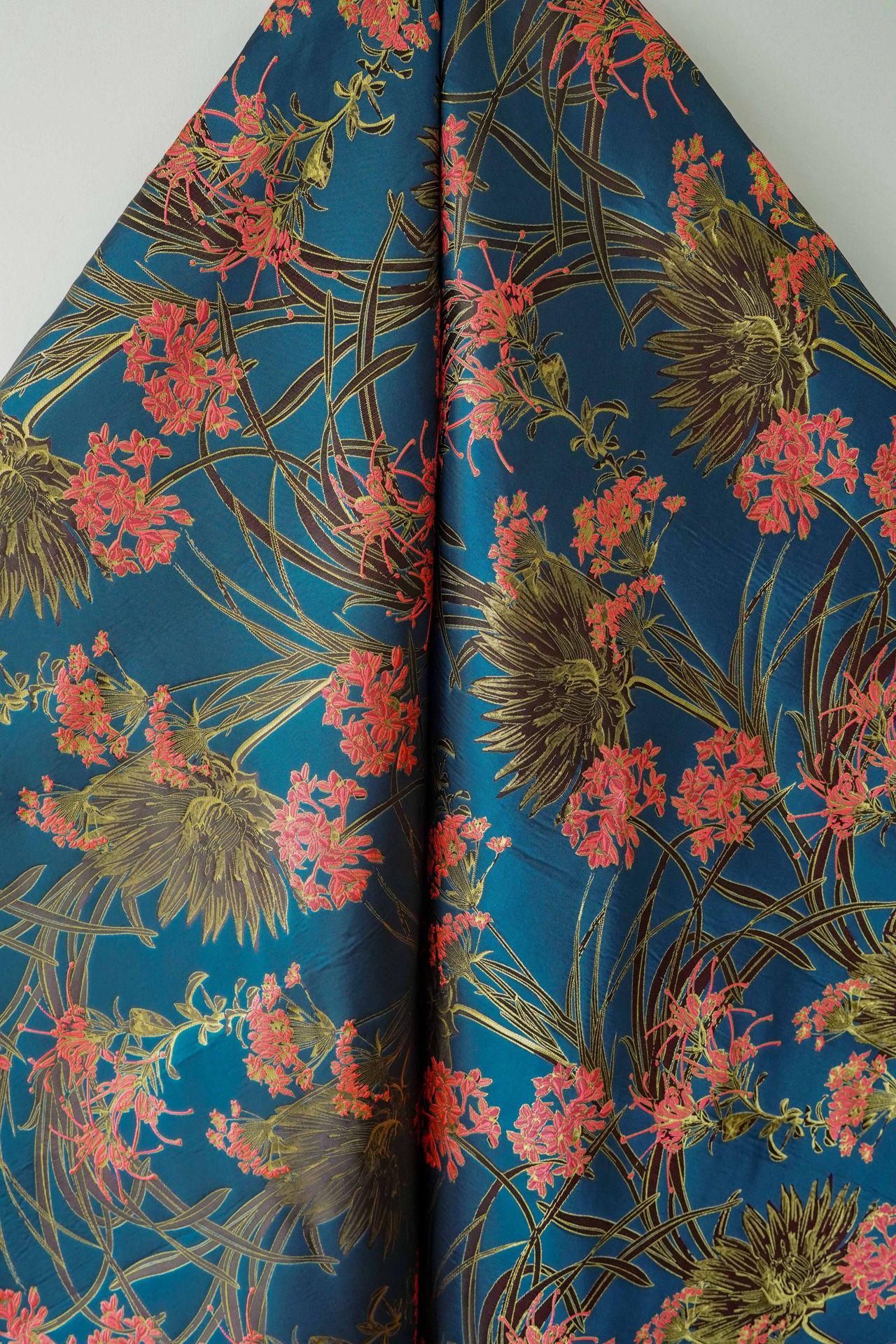 Gold Thread Jacquard Woven Fabric: 3D Teal Floral Embossed Upholstery, Costume, Sewing - 62"W