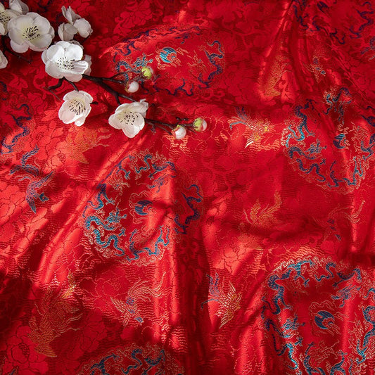 Tissu brocart Red Dragon Phoenix : mélange de rayonne de 150 cm de large