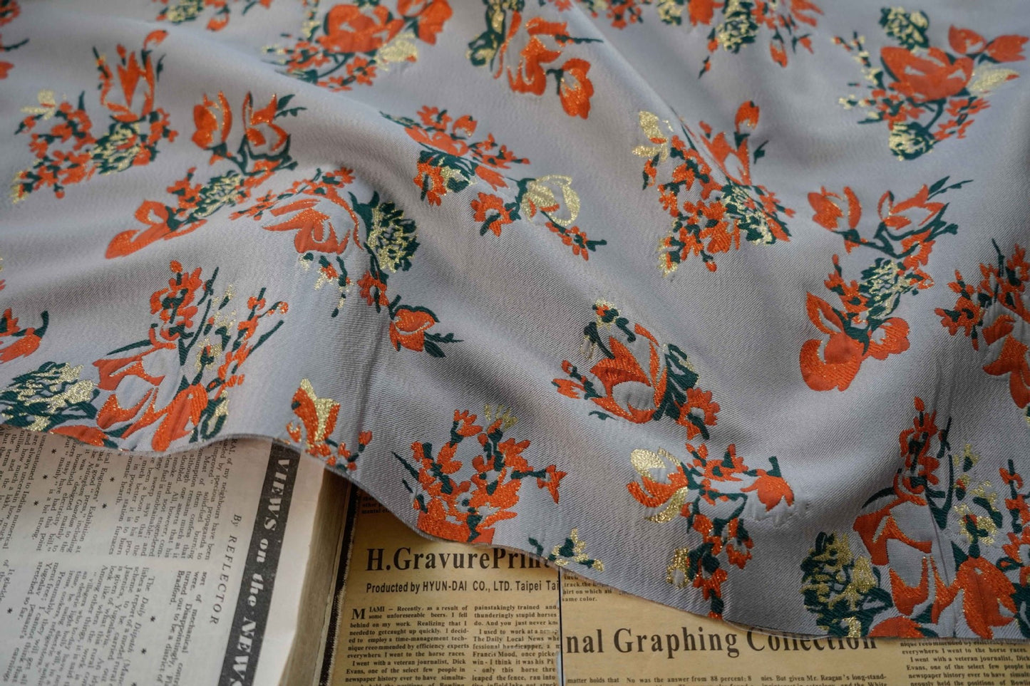 Gold Thread Jacquard Fabric: 3D Oil Painting Texture, Orange Floral (57"W)