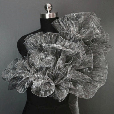 Pleated Ruffle Organza Fabric: 3D Folds, Stiff Texture, 15cm Wide