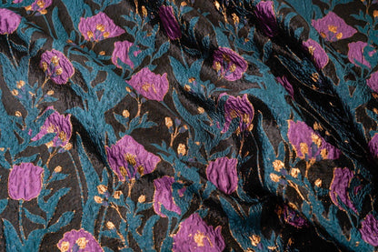 Tissu jacquard à fils dorés : motif tulipe rétro 3D, 142 cm de large