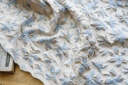 Light Blue & Gold Floral Jacquard Fabric: 3D Texture, 56" Wide