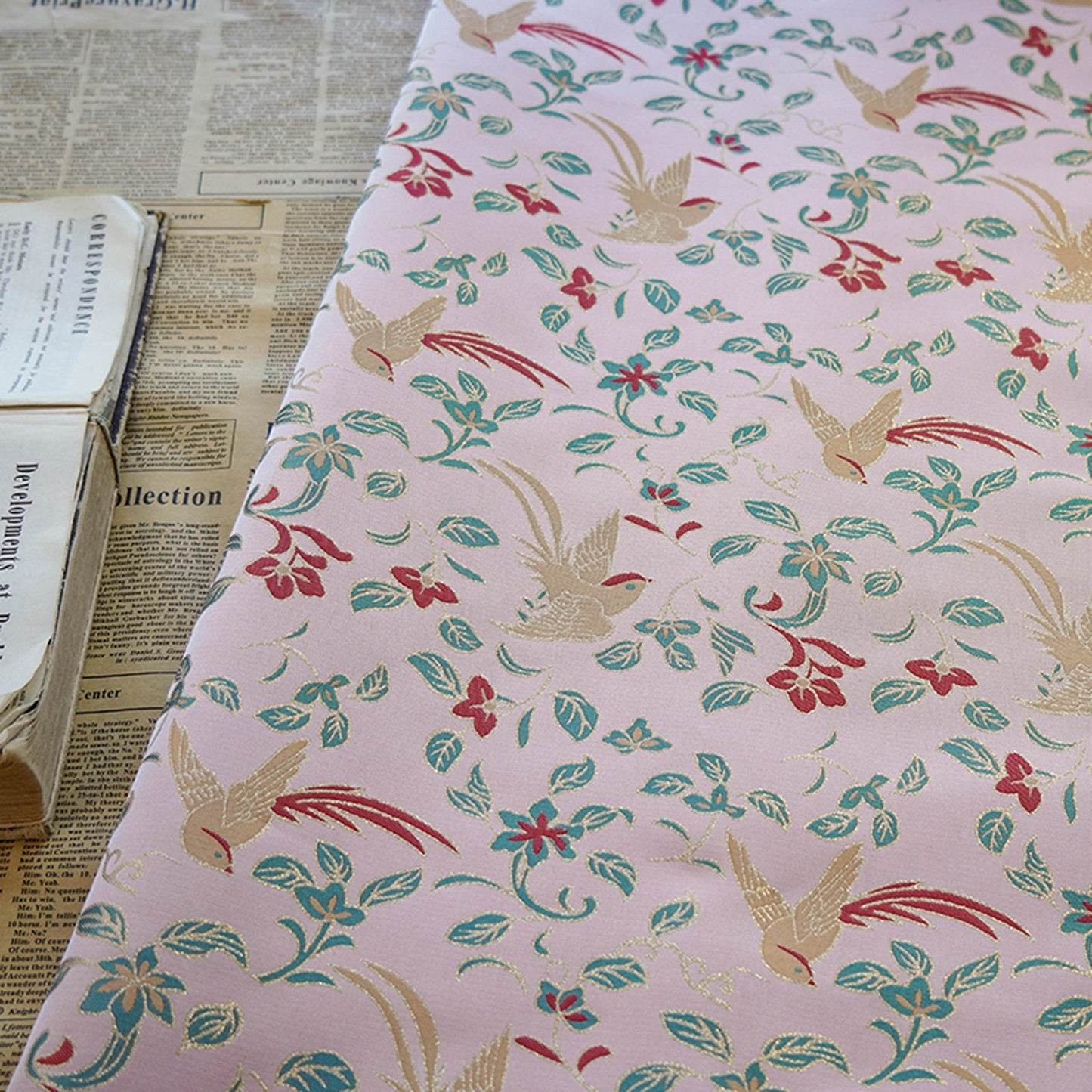 Birds Jacquard Satin Fabric: Brocade Sewing Material, 59"W