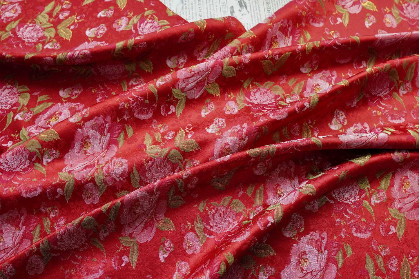 Red Peony Brocade Fabric: Gold Thread Jacquard, 64" Wide