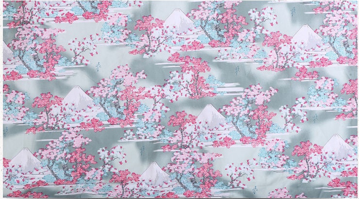 Mount Fuji Cotton Fabric: Japanese Floral Print, Sewing & Upholstery