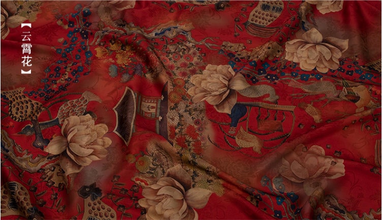 Floral Tea Silk Satin Fabric: 59"W Digital Print Gambiered Canton Gauze
