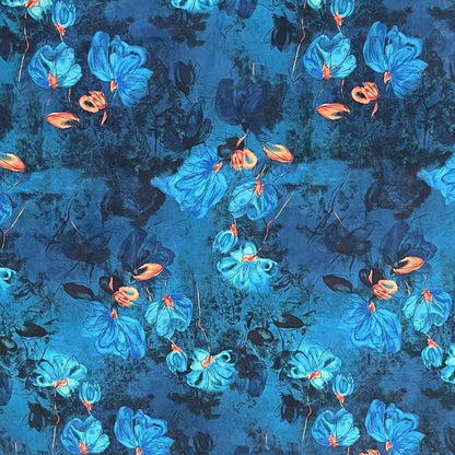 Floral Teal Blue Tea Silk Satin Fabric: 59"W Upholstery & Costume