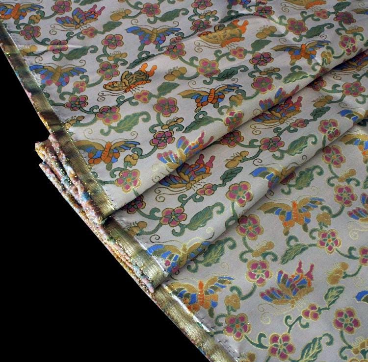 Tibetan Brocade Fabric: Butterfly & Lotus Embroidery, 28" Wide