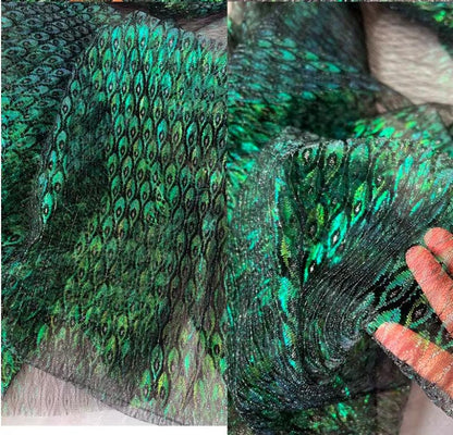 Laser Peacock Feather Mesh Fabric, Colorful See Through Lace