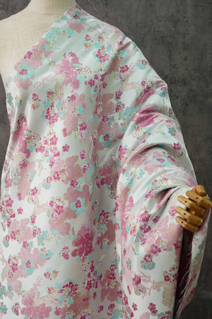 White Deer Jacquard Fabric: Gold Thread Embossed Upholstery, 65"W