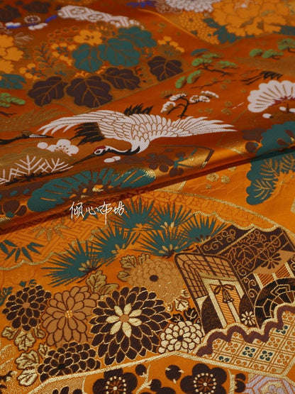 Japanese Crane Jacquard Satin Fabric: Pale Gold Bird Print, 29.5"W