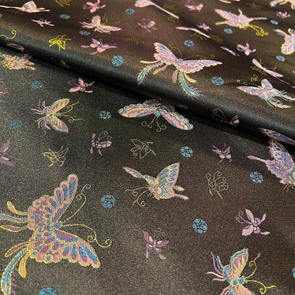 Butterfly Brocade Fabric, Black & Gold Foil, Chinese Wedding Fabric
