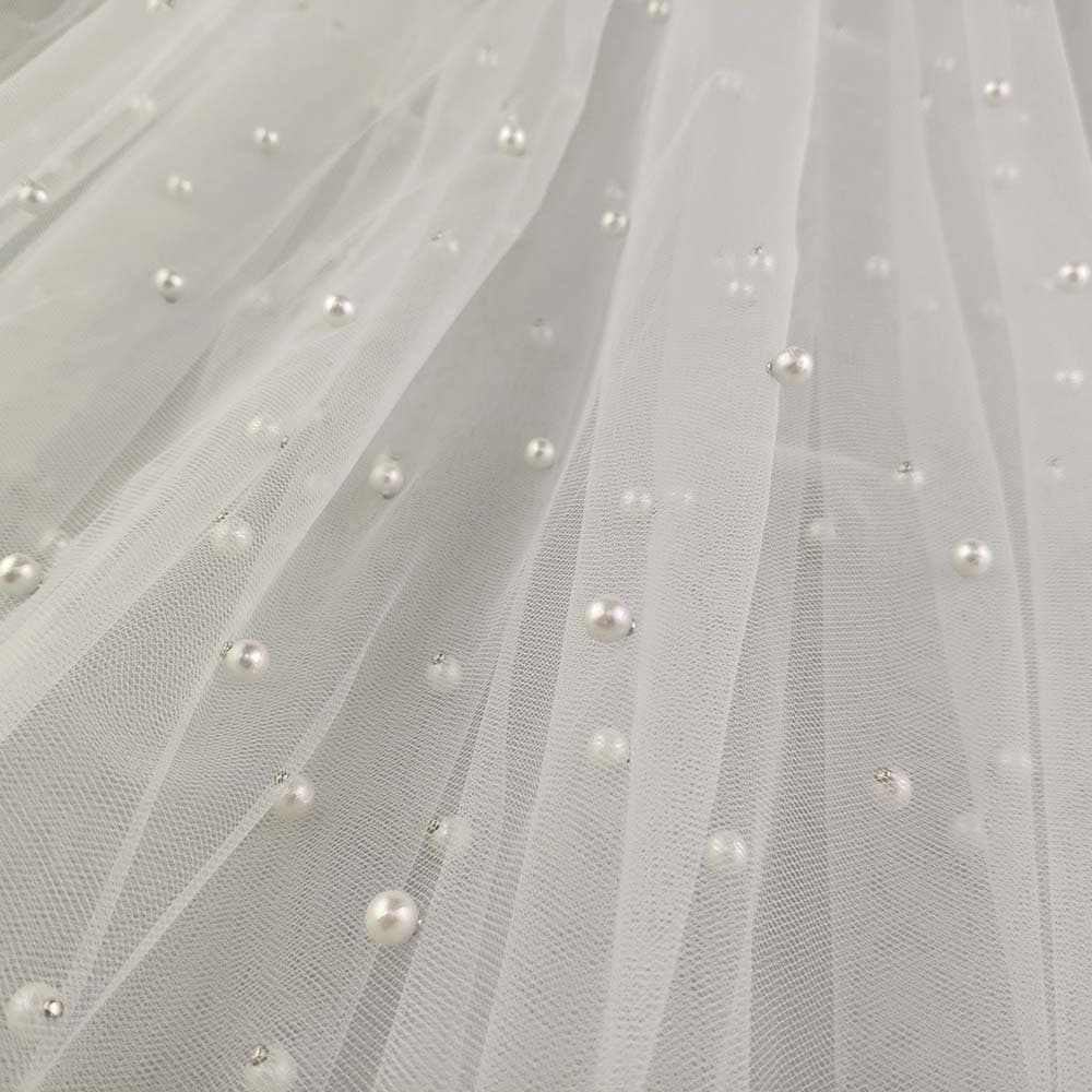 Beaded Pearl Mesh Lace Fabric, Bridal Wedding Veil, 59" Wide