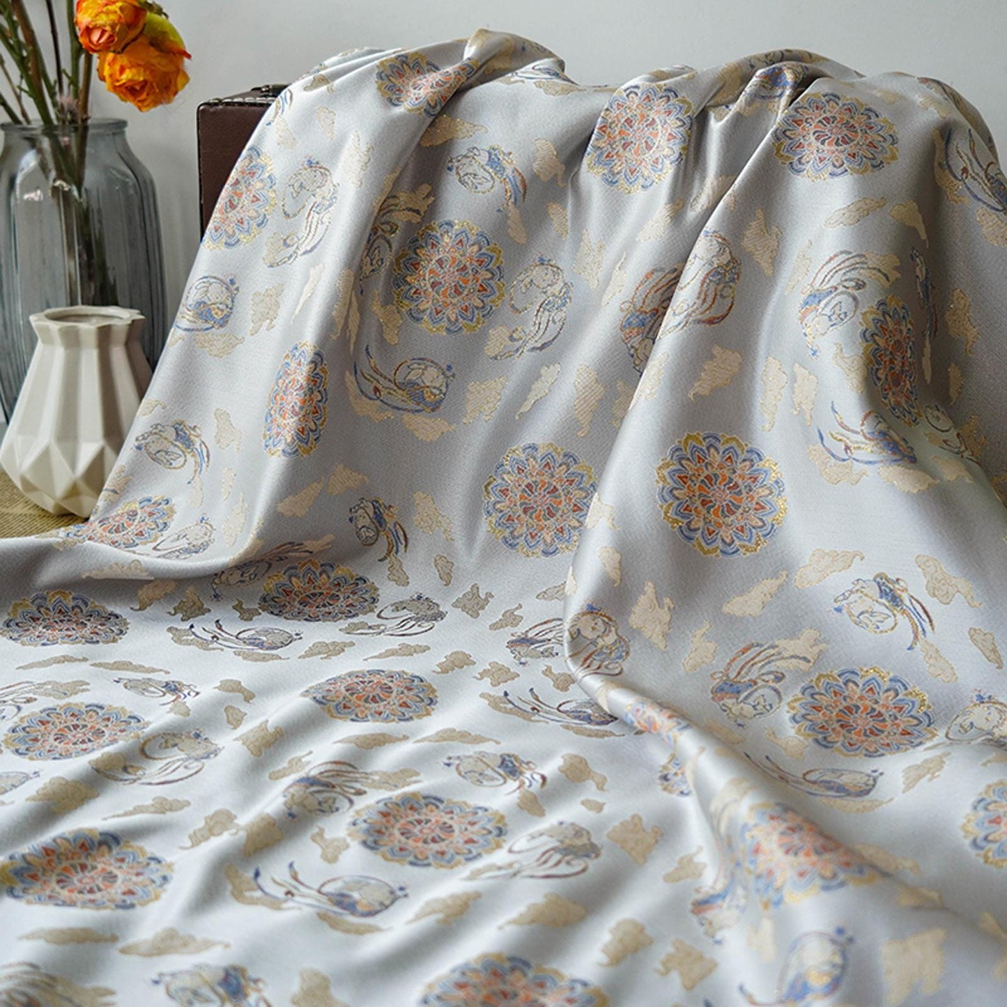 Floral Brocade Fabric: Mongolian Tibetan Style, 59" Wide