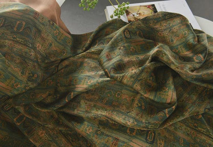 Ancient Chinese Ink Painting Cotton Fabric: Green Drapery Upholstery (55"W)