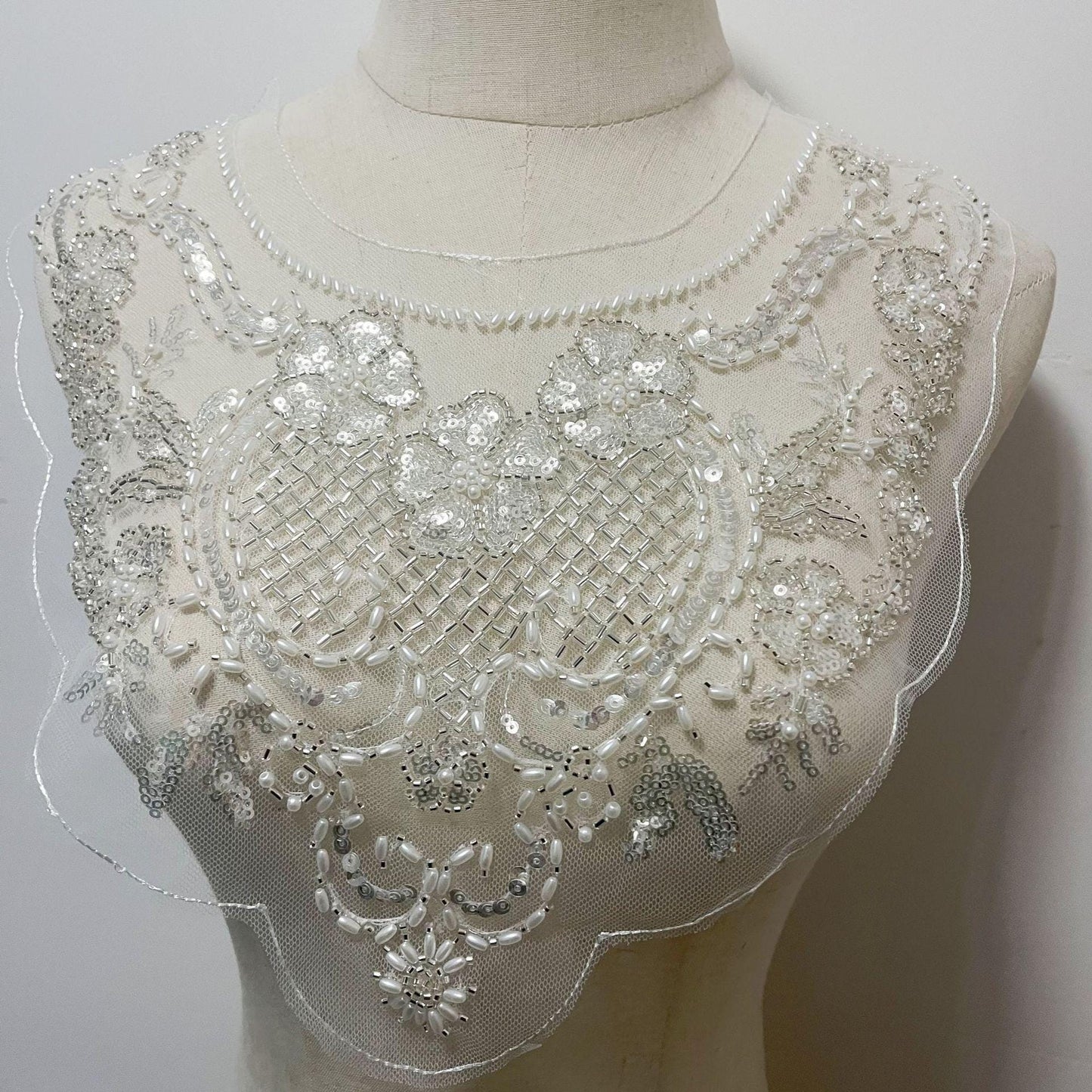Embroidered Lace Trim: Light Ivory Bridal Wedding Veil with Sequins - 12" Wide, By The Yard