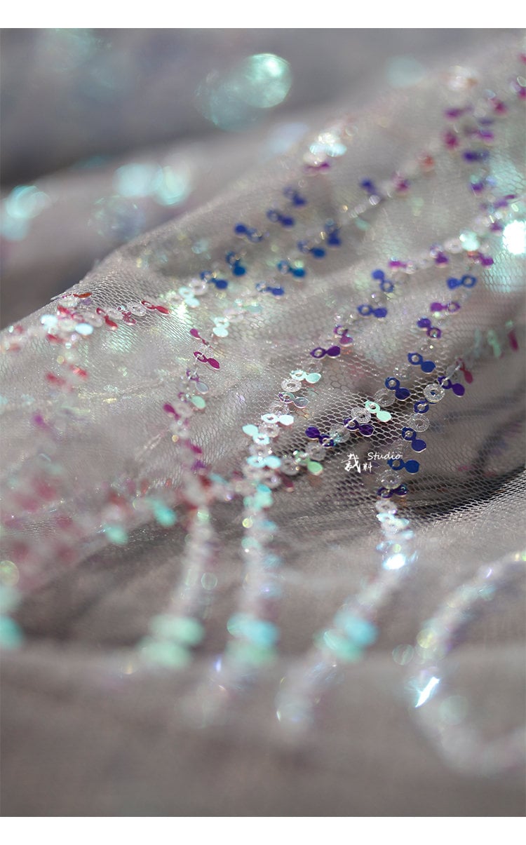 Mermaid Wave Mesh Fabric, Sequin Fish Scale Embroidery, 59" Wide