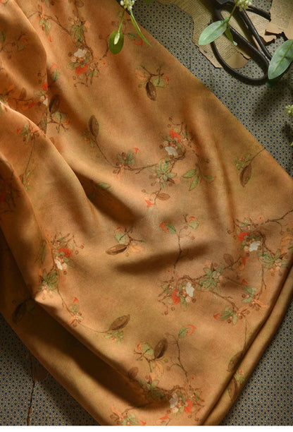 Tissu en coton à motif floral : style peinture à l’encre de Chine, 140 cm de large