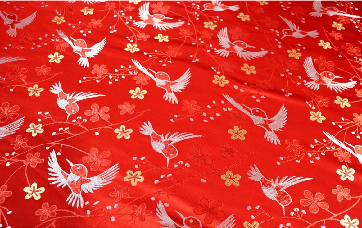Floral Bird Brocade Fabric: Pink Cheongsam Qipao Material (59"W)