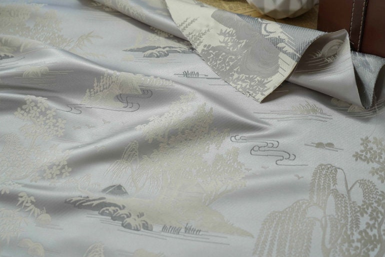Jacquard Polyester Fabric: Minimalist Asian Landscape, Upholstery & Decor