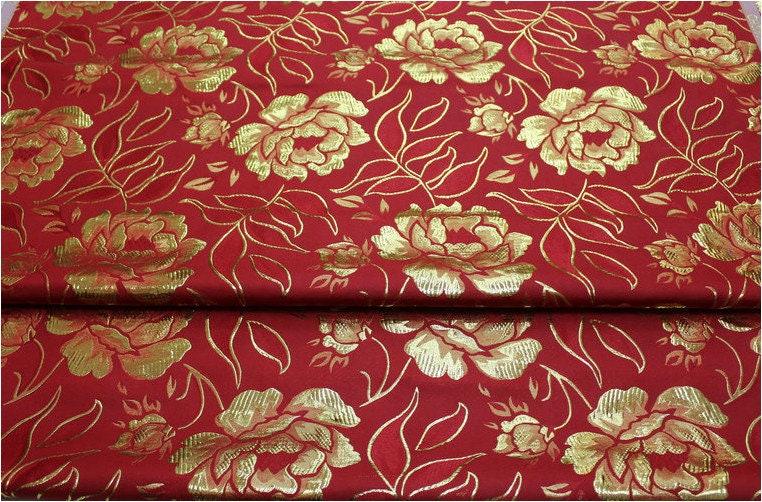 Metallic Peony Brocade Fabric: Red & Silver Floral, 29.5"W