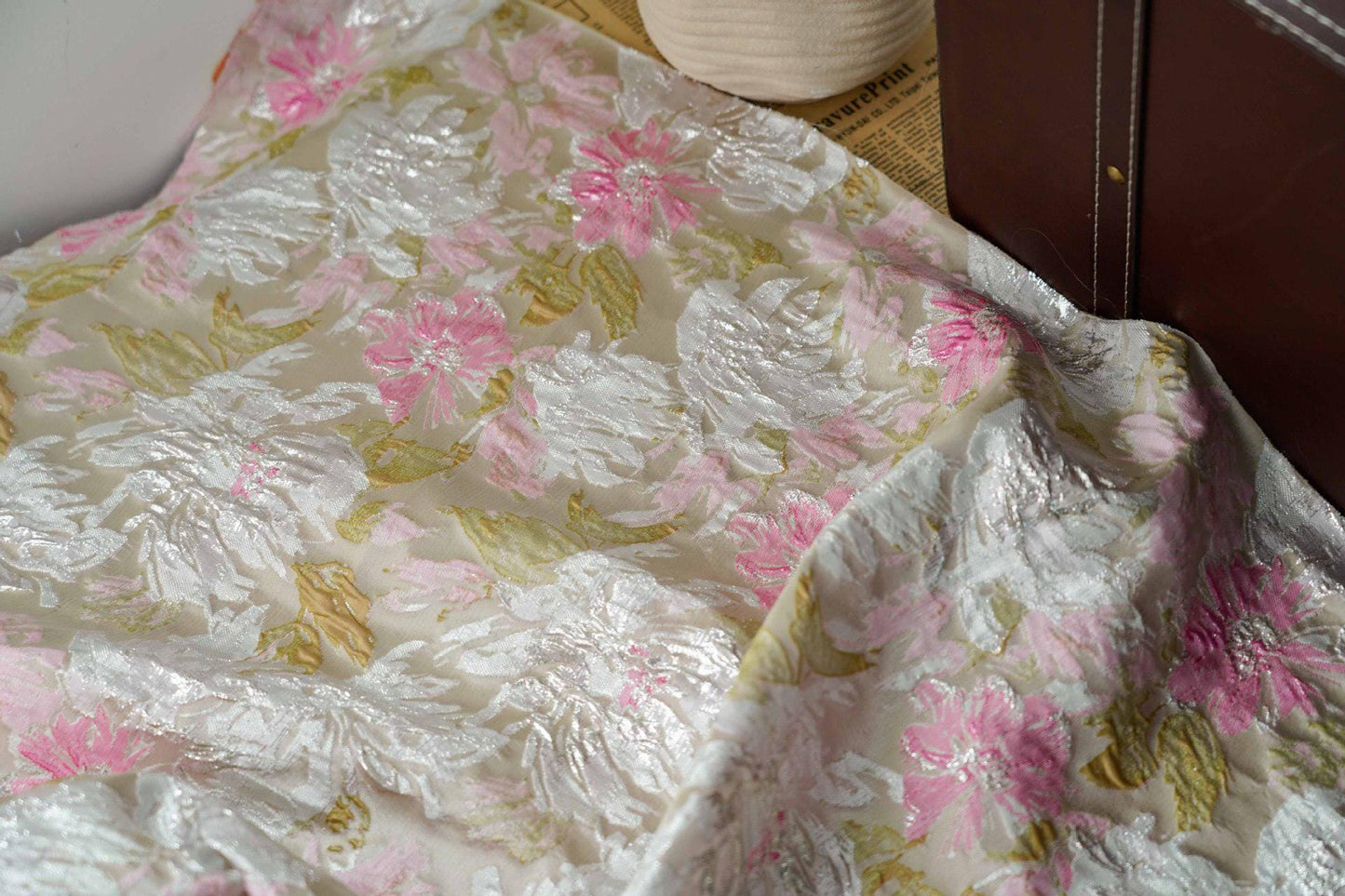 Gold Thread Floral Jacquard Fabric: Shimmering Embossed Weave, 55"W