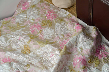 Gold Thread Floral Jacquard Fabric: Shimmering Embossed Weave, 55"W