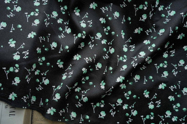 Green Floral Black Jacquard Fabric: Rayon Blend Upholstery, 59" Wide