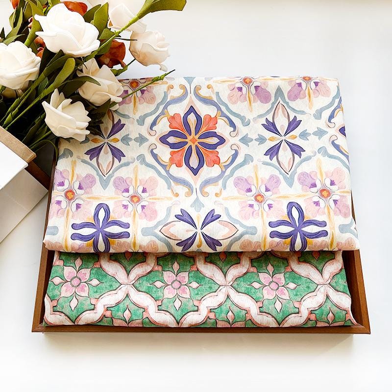 Tissu Tencel Ramie : imprimé floral Dunhuang, 150 cm de large, vendu au mètre