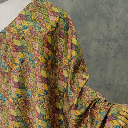 Floral Diamond Tea Satin Fabric, Dark Green Digital Print, 59" Wide