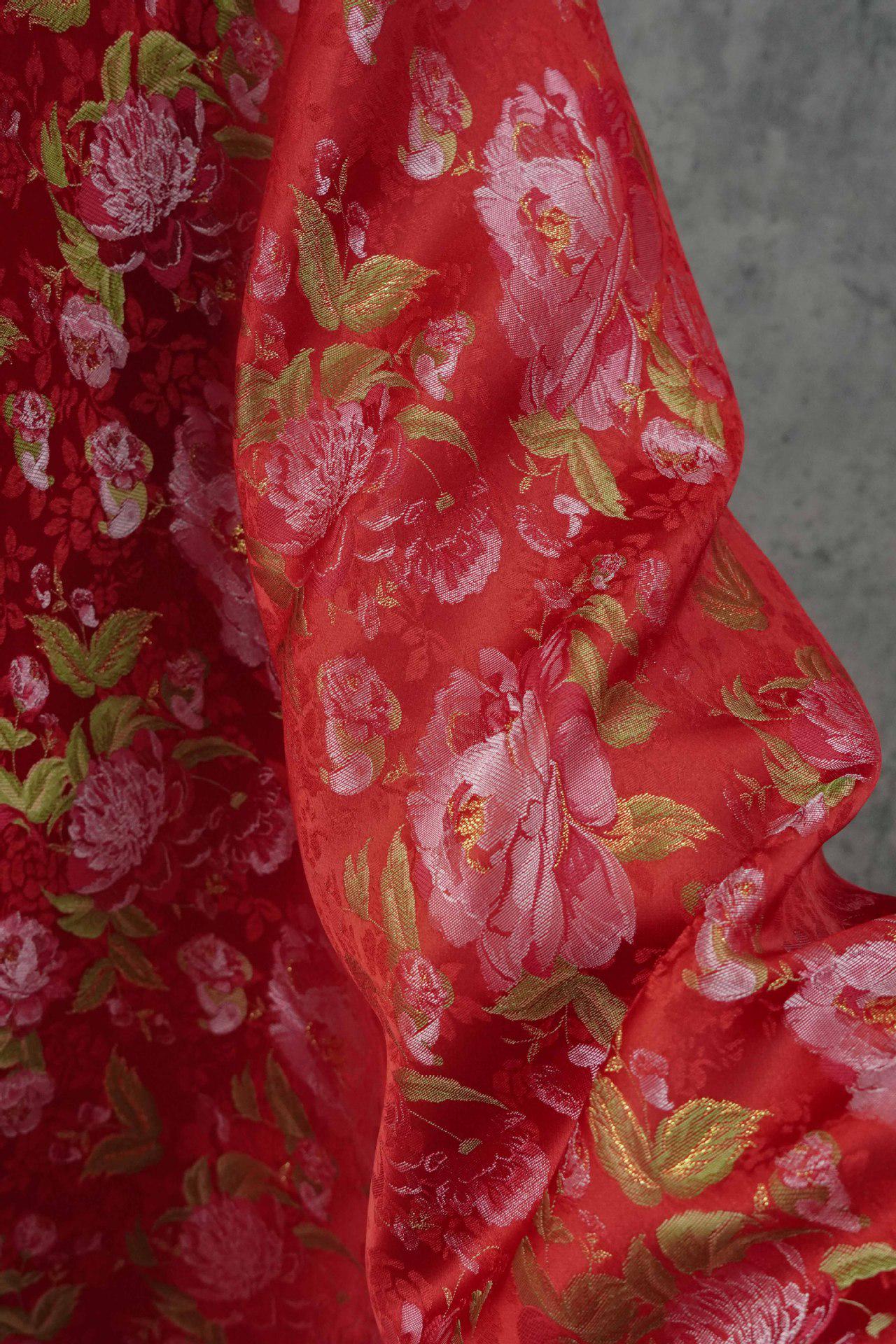 Red Peony Brocade Fabric: Gold Thread Jacquard, 64" Wide