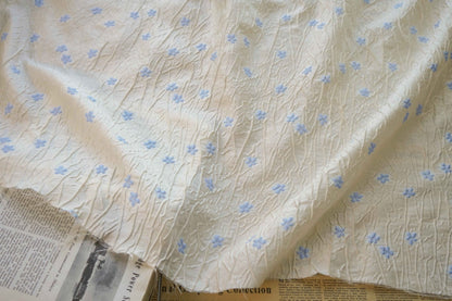 Embossed Beige Polyester Fabric, Blue Flowers, Upholstery & Costume, 56"W