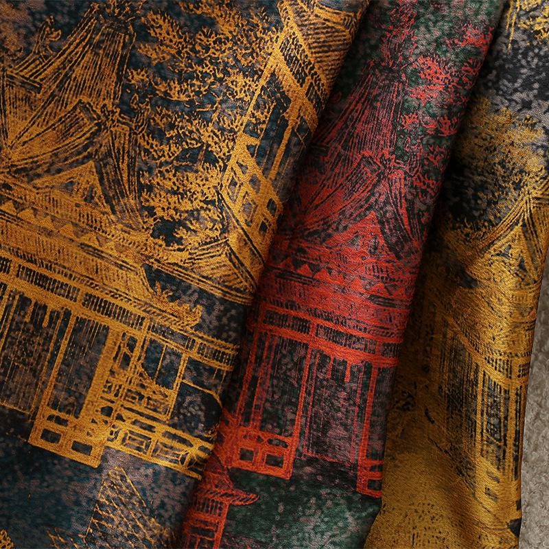Ancient Architecture Tea Silk Satin Fabric - 59"W Upholstery & Costume