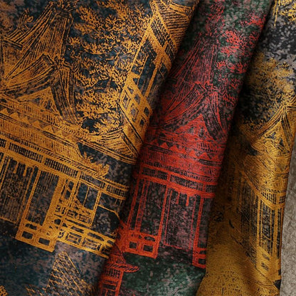 Ancient Architecture Tea Silk Satin Fabric - 59"W Upholstery & Costume