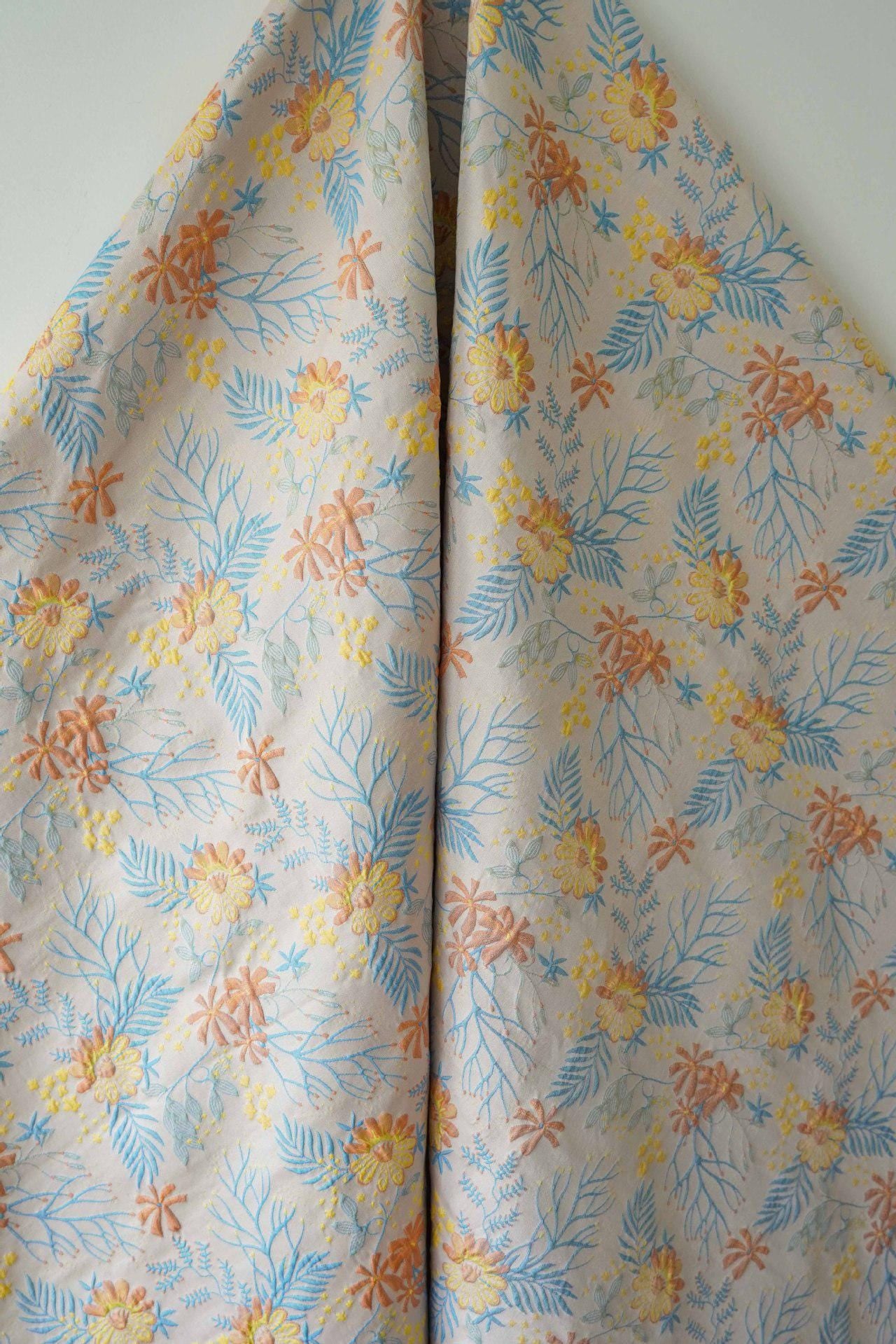Reversible Jacquard Woven Fabric: Blue & Yellow Floral Upholstery, Costume, Decor - 64"W