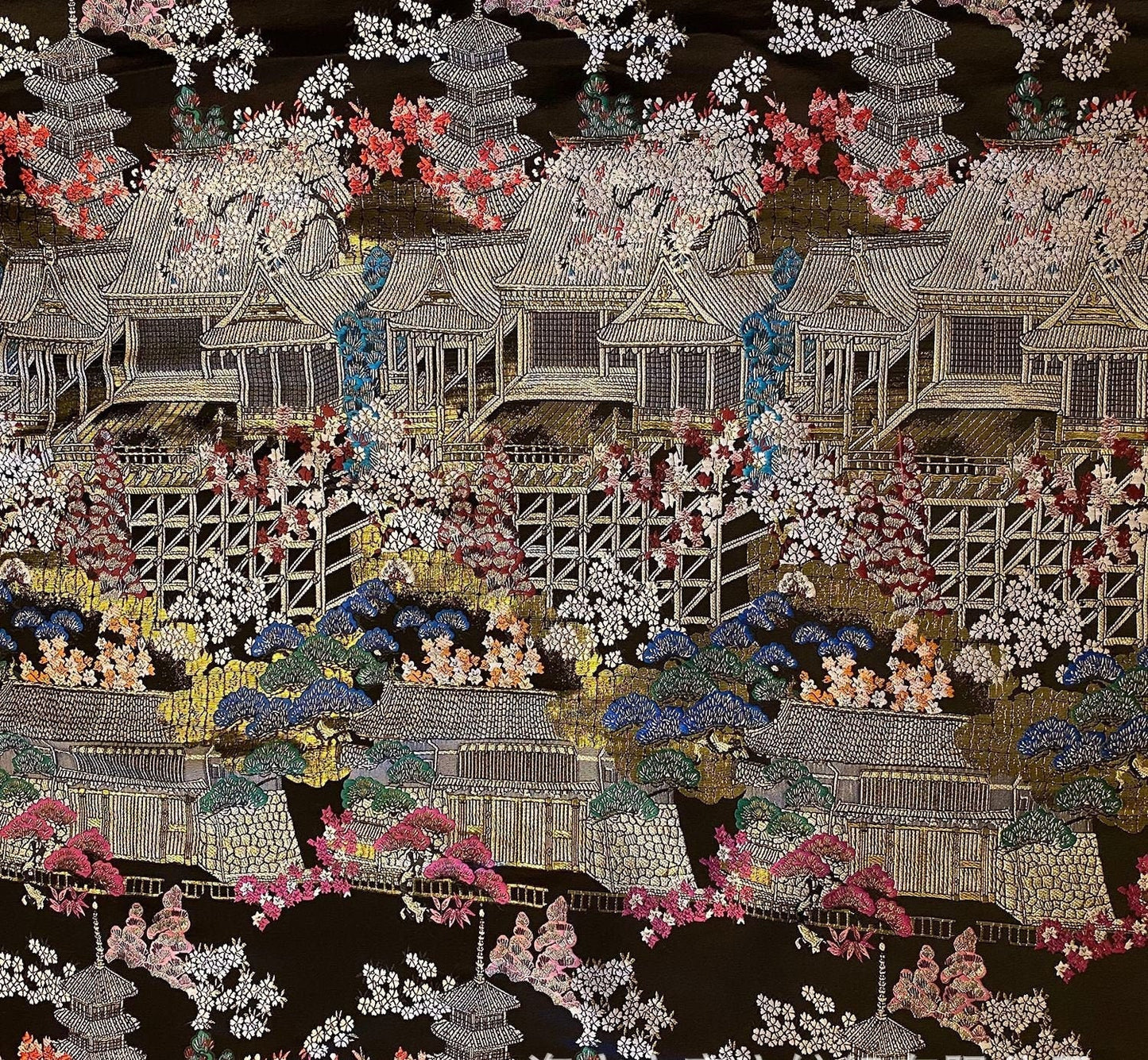 Tissu brocart Kinran japonais : Architecture ancienne, tissu à coudre à motifs floraux