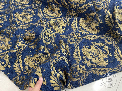 Tissu Jacquard Palais Bleu et Or : Damas de 55 po de large pour ameublement