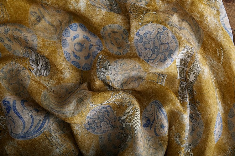 Ancient Building Print Ramie Fabric: Natural Fiber Sewing Material