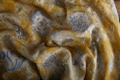 Ancient Building Print Ramie Fabric: Natural Fiber Sewing Material