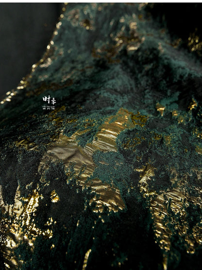 Green & Gold Textured Jacquard Fabric | 3D Embossed Brocade, 55" Wide