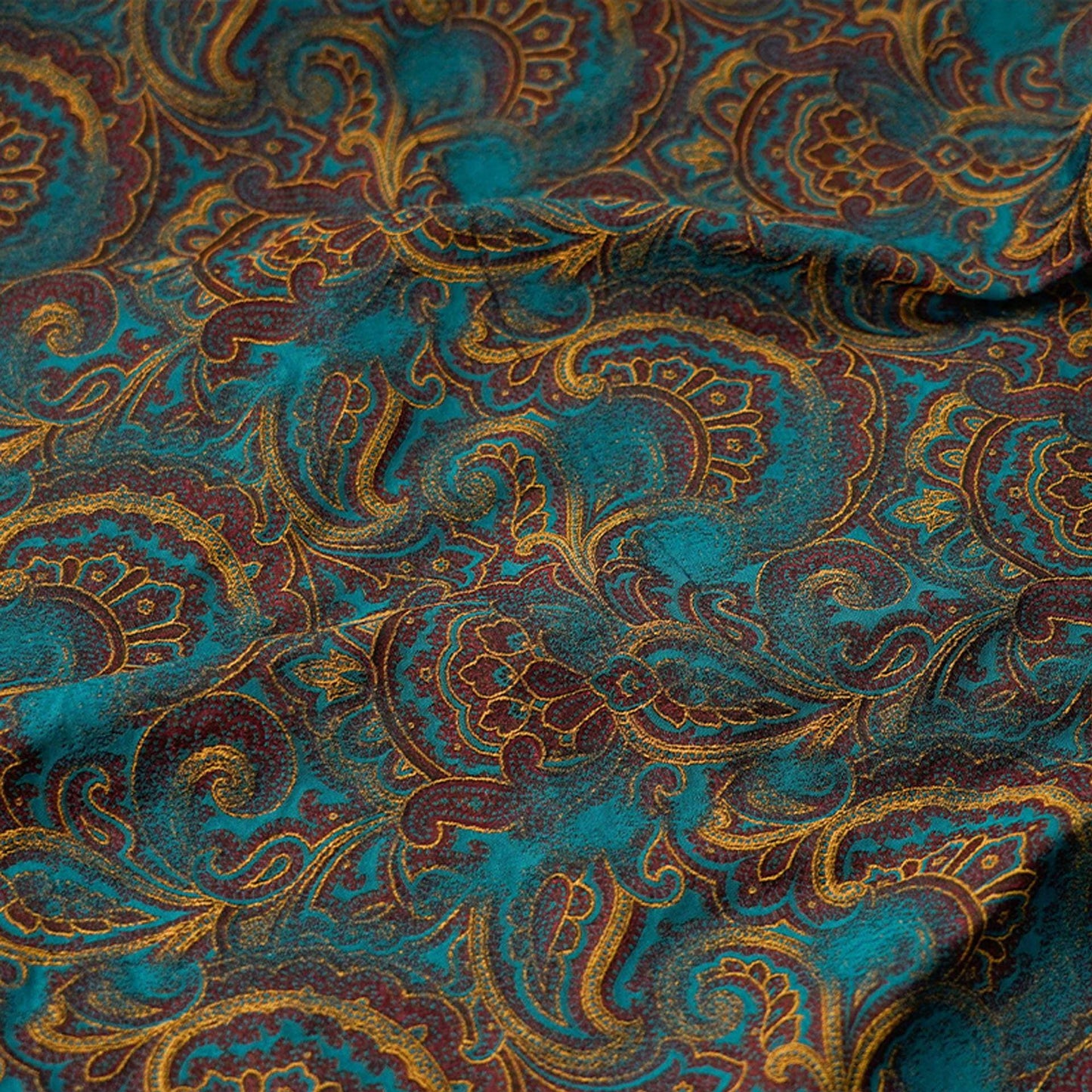 Lurex Jacquard Fabric: Lake Blue Paisley Woven Upholstery, Sewing, Drapery (62"W)