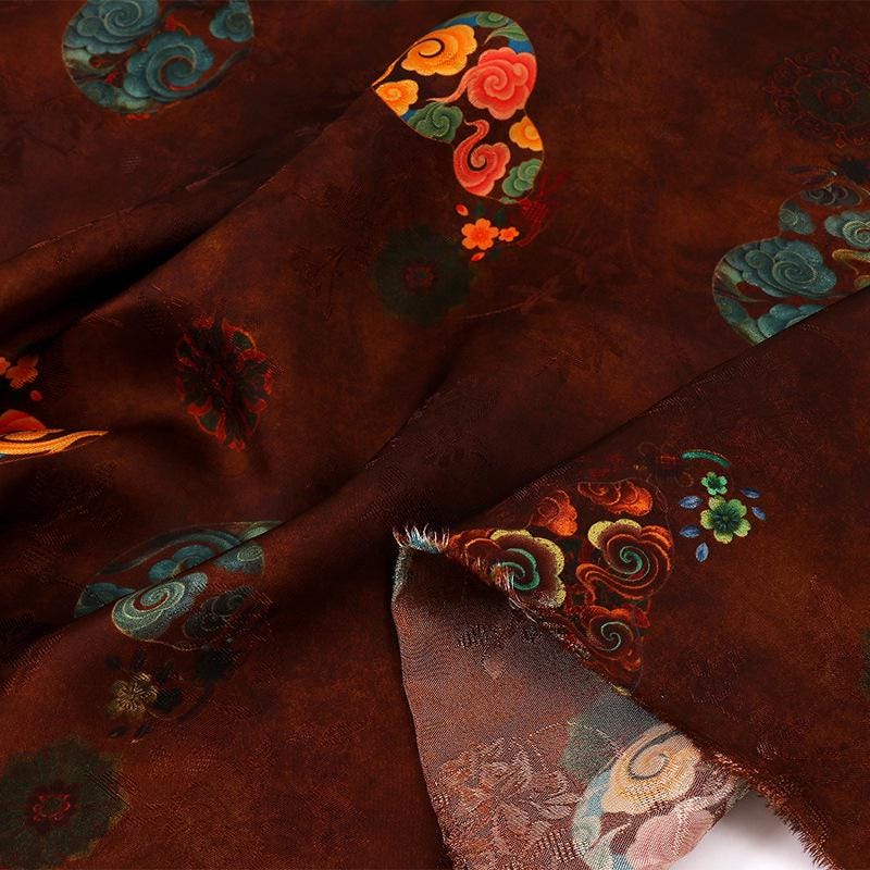 Brown Silk Fabric: Gourd Xiangyun Print, Cheongsam Dressmaking, 59" Wide